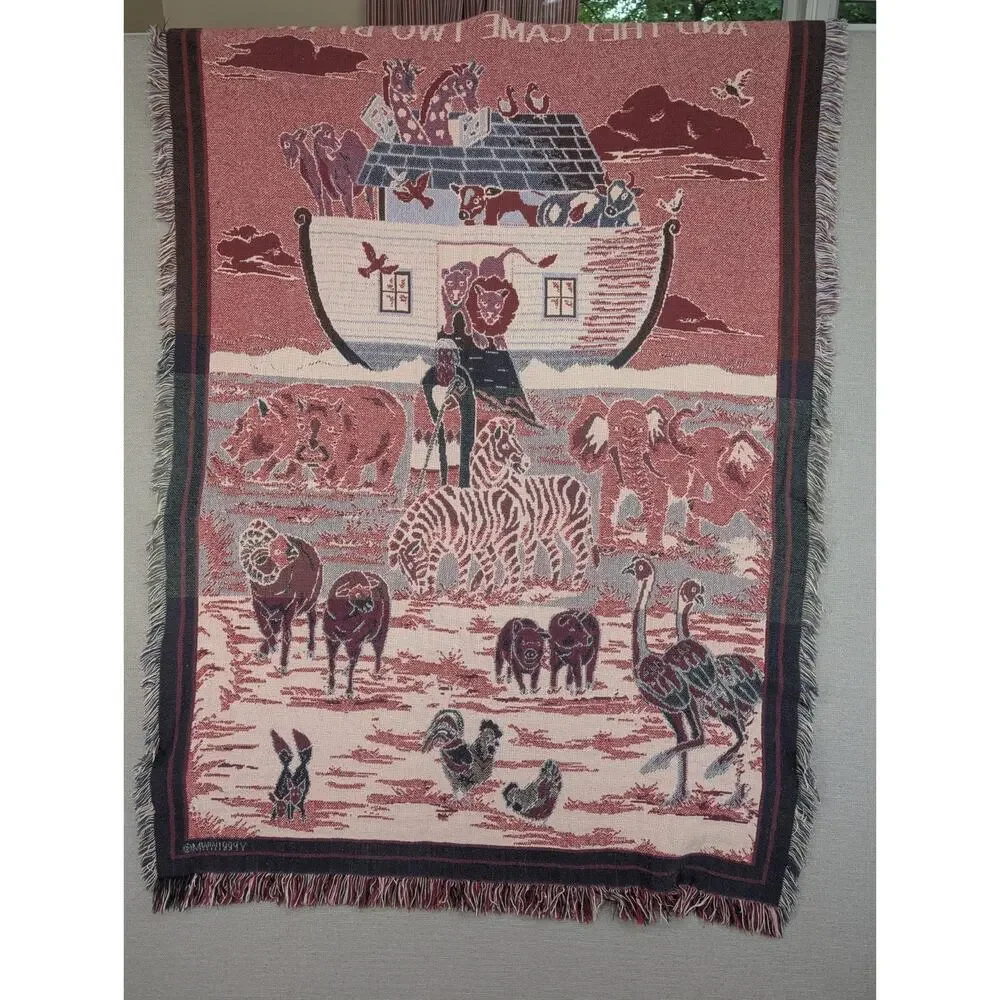 Vintage 1994 Noahs Ark Throw Blanket Nursery Tapestry Afghan Fringed Woven MWW